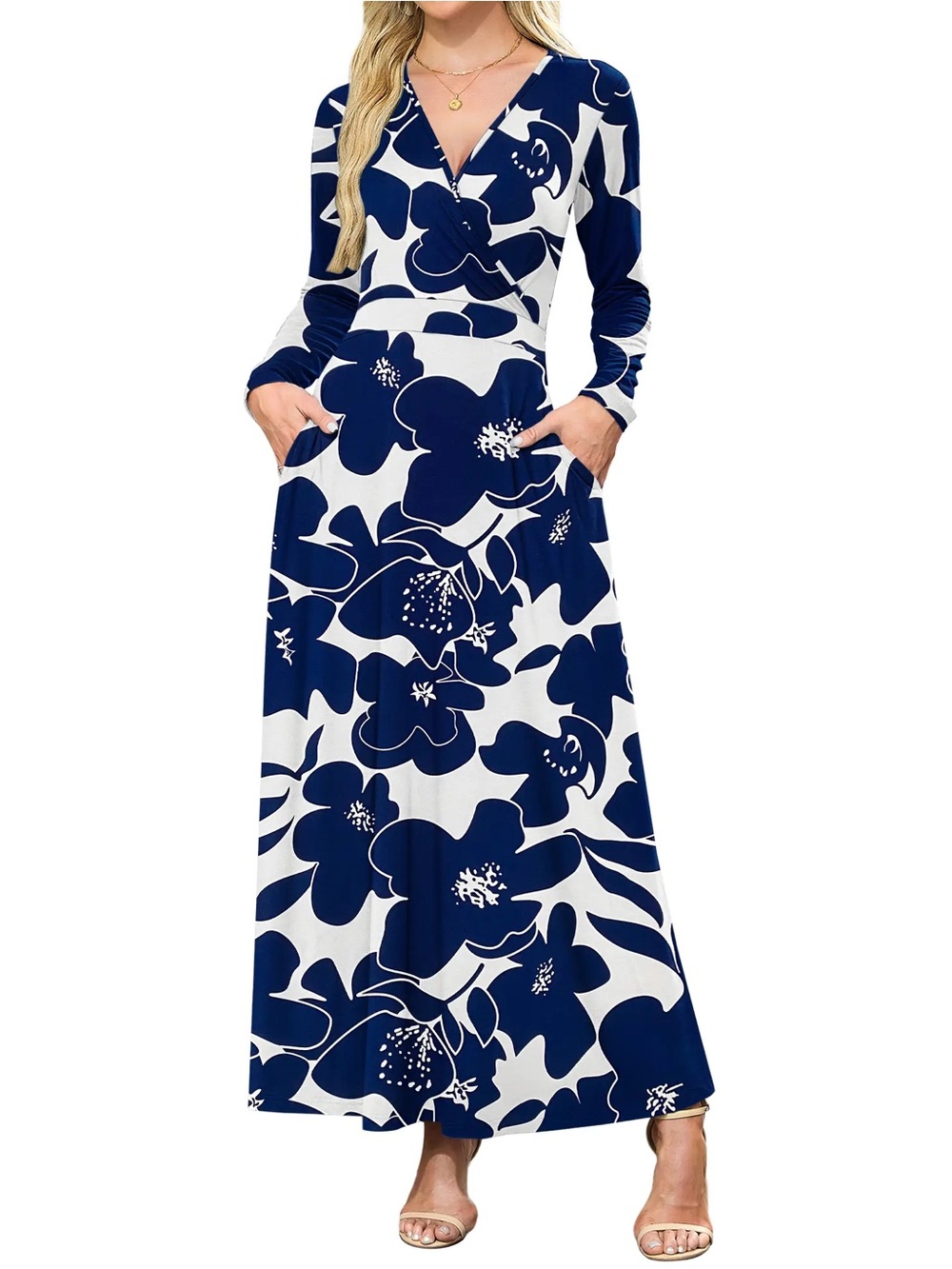 Floral V-Neck Long Sleeve Maxi Dress in Navy and White